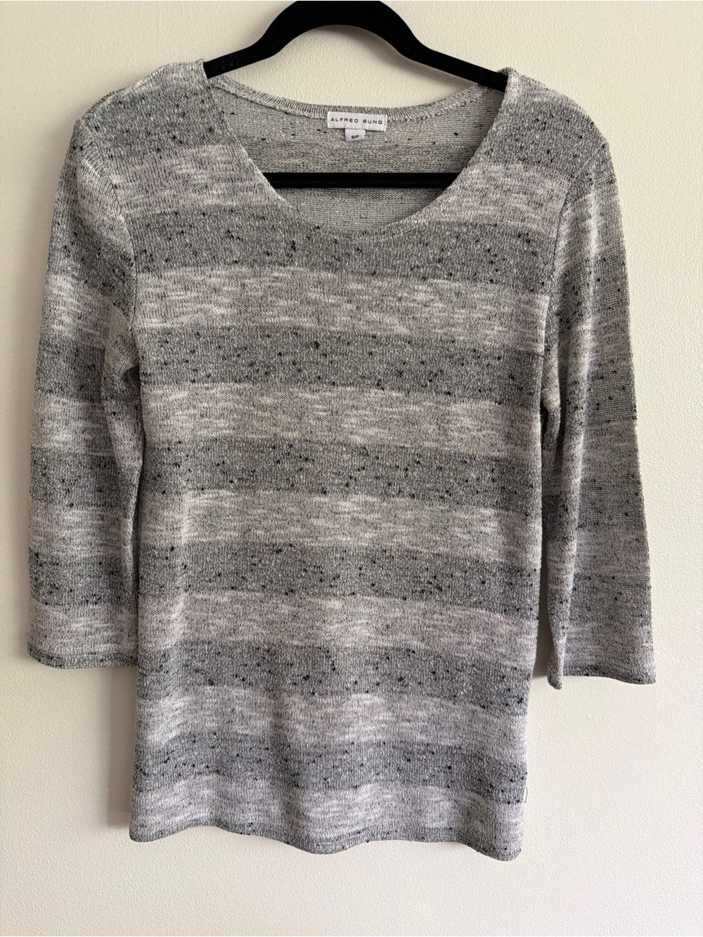 ALFRED SUNG Gray Striped Scoop Neck Sweater
